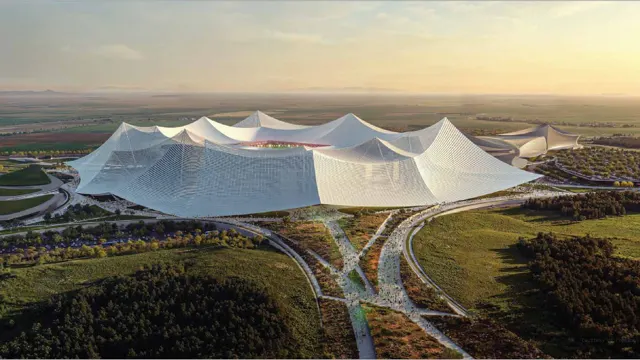 Architectural visualisation of a sports venue with a sweeping white roof and landscaped approaches.