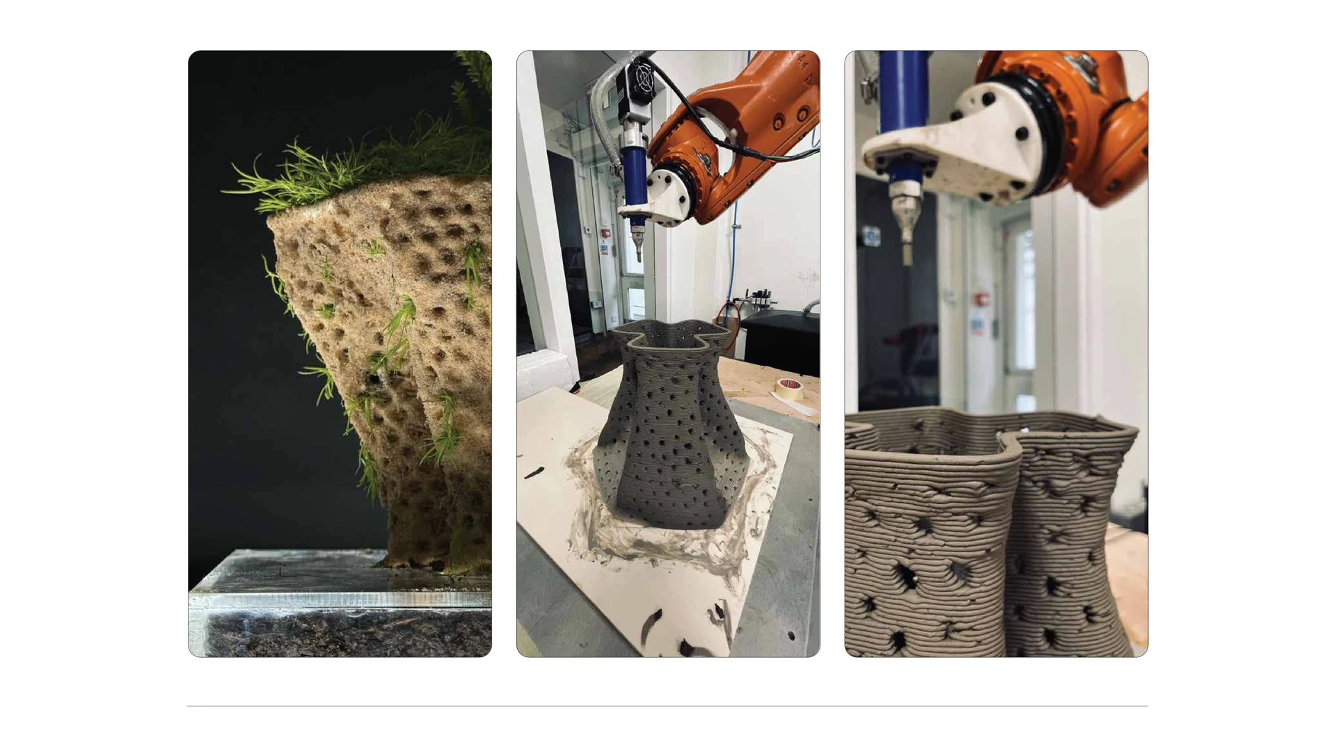 Fabrication documentation showing physical prototypes and robotic or additive manufacturing.