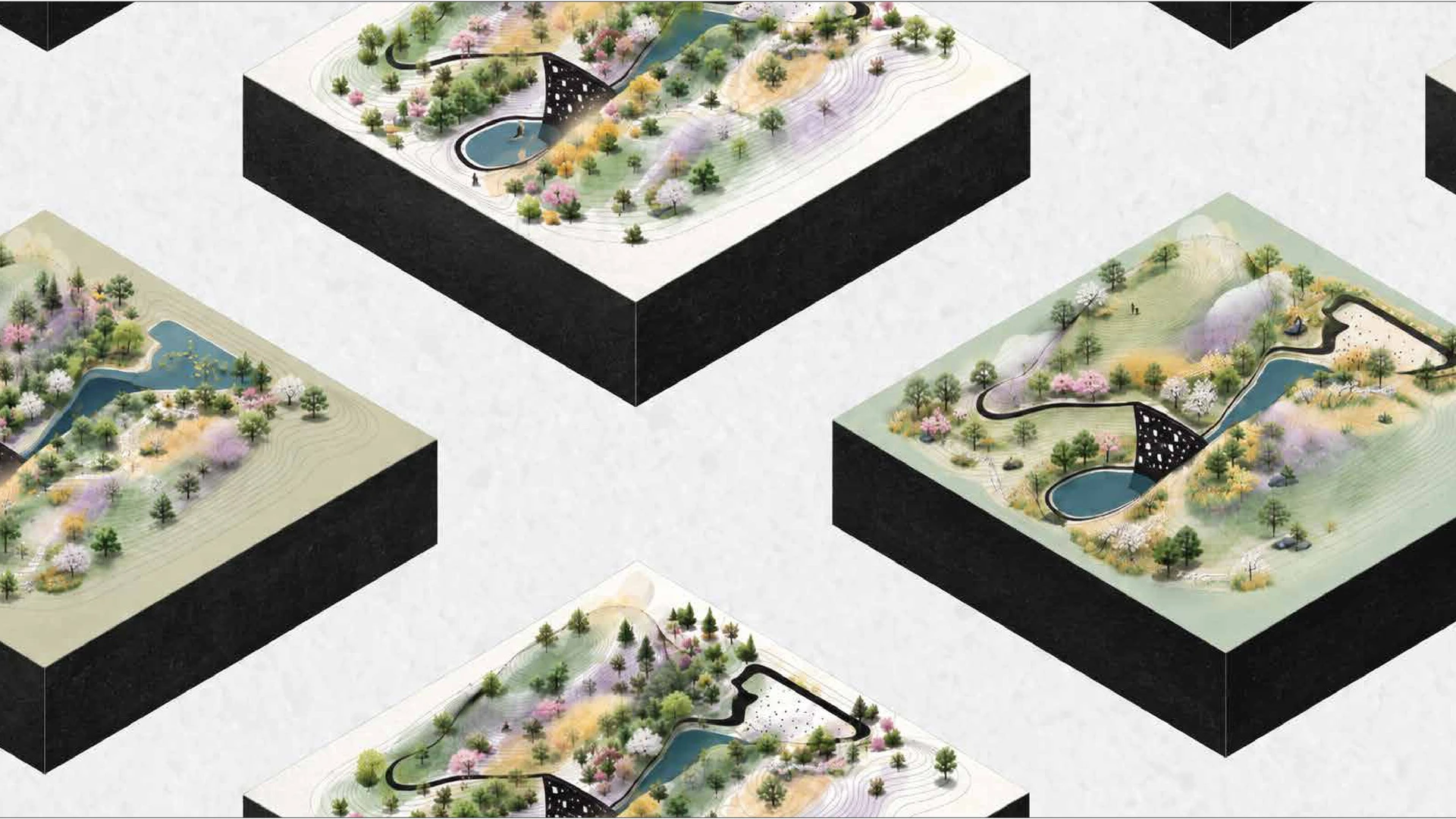 Axonometric studies of urban spaces reconfigured for new public and residential uses.